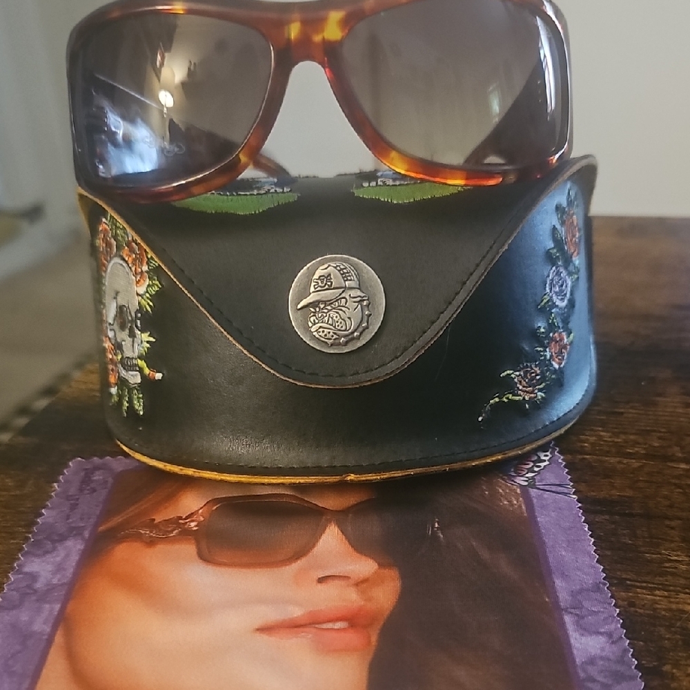 Ed Hardy Tortoise Shell Sunglasses with Embroidered Case